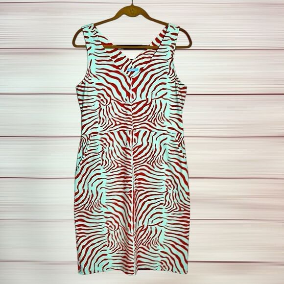 J. McLaughlin Sheath Dress Turquoise Red Zebra Print Sleeveless V-neck Summer M - Picture 2 of 12